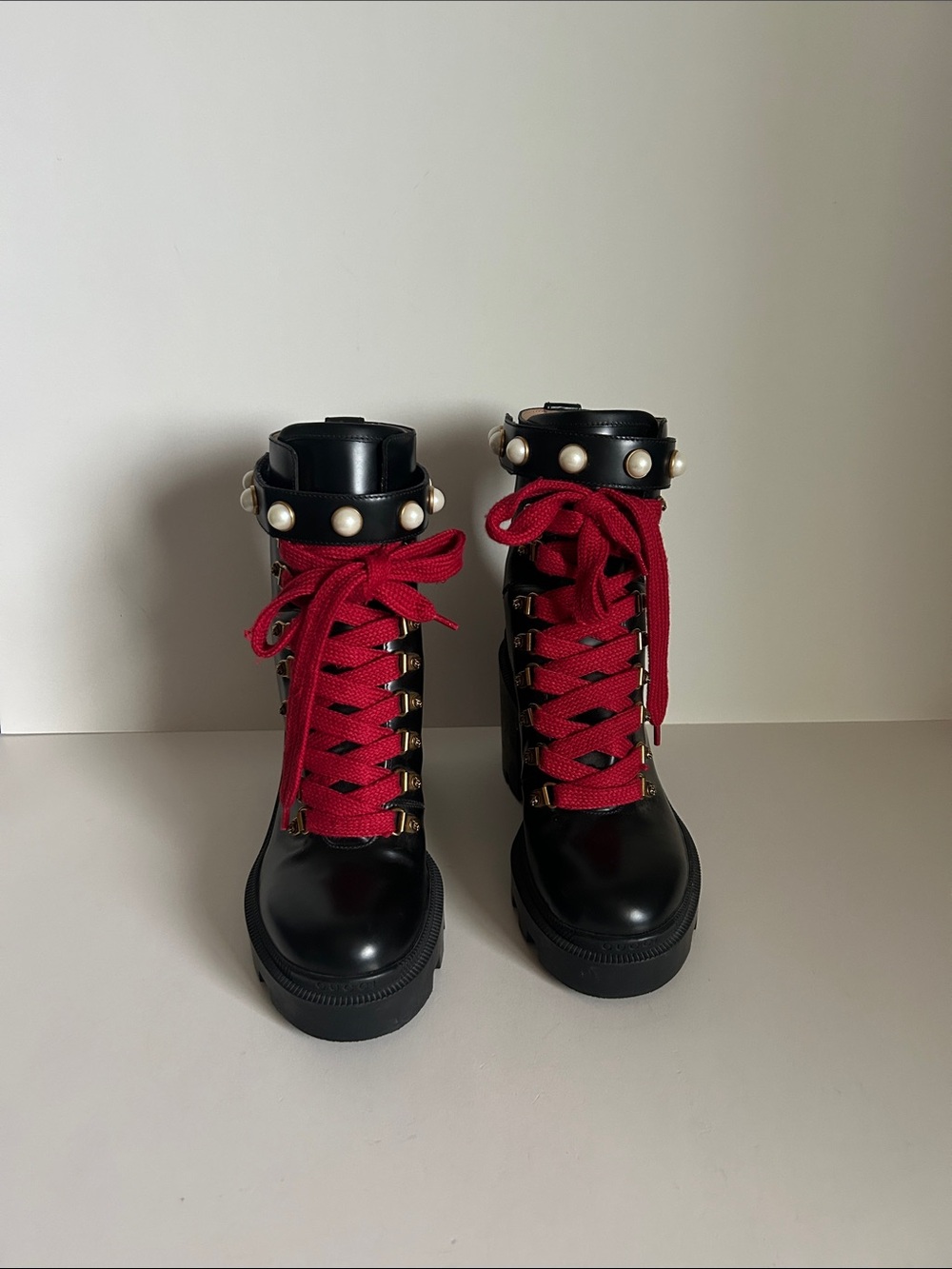 Gucci Black Leather Lace-Up Boots with Red Laces and Pearl Trim